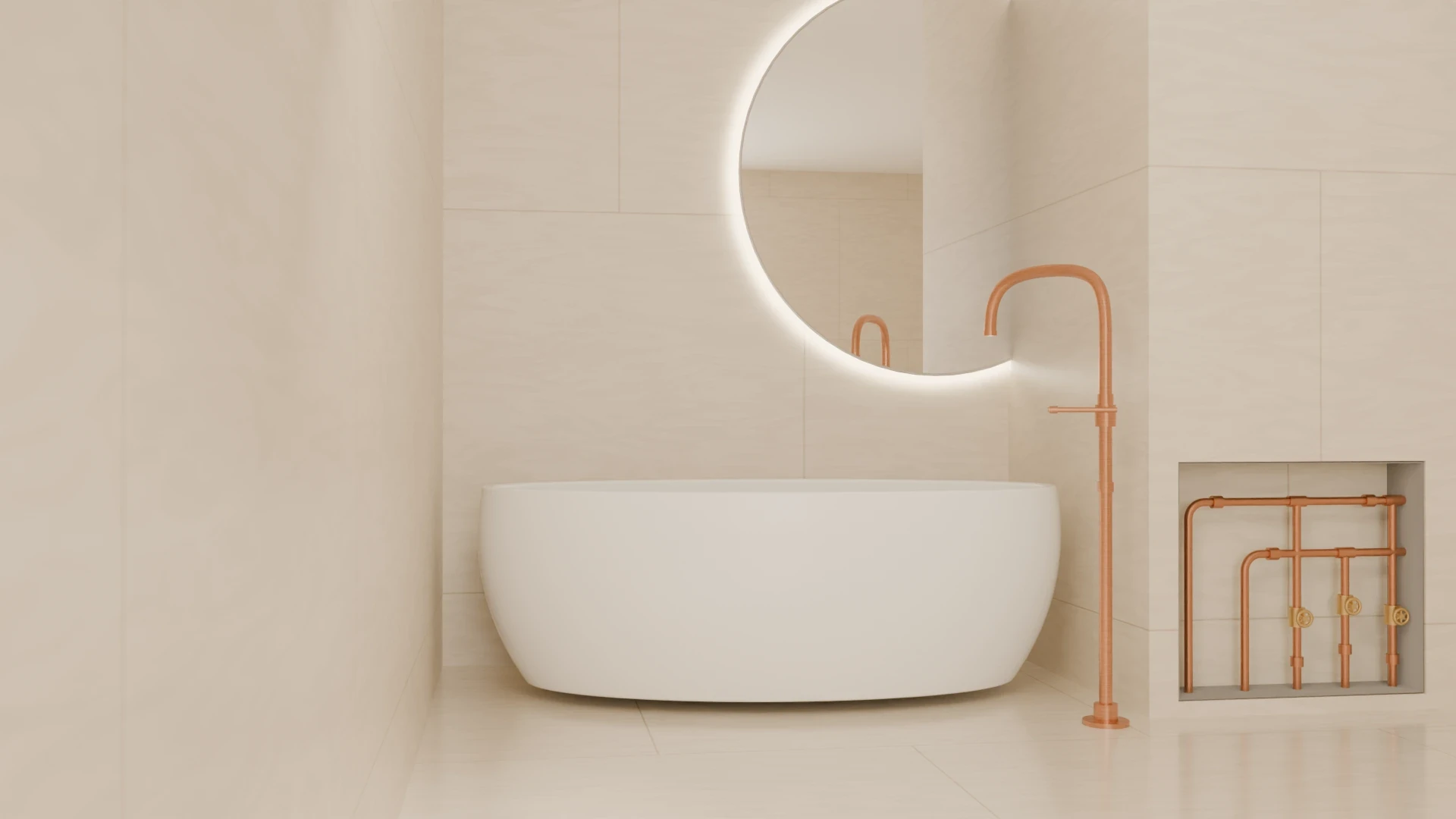 Light limestone bathroom render: a white freestanding bath beside exposed copper pipework and a copper bath filler, with water running into the bath